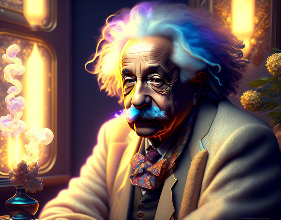 Vibrant portrait of a pensive figure with Einstein-like features and illuminated mustache