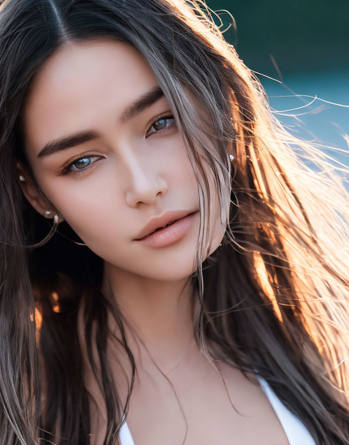 Woman Portrait: Dark Hair, Brown Eyes, Pearl Earrings