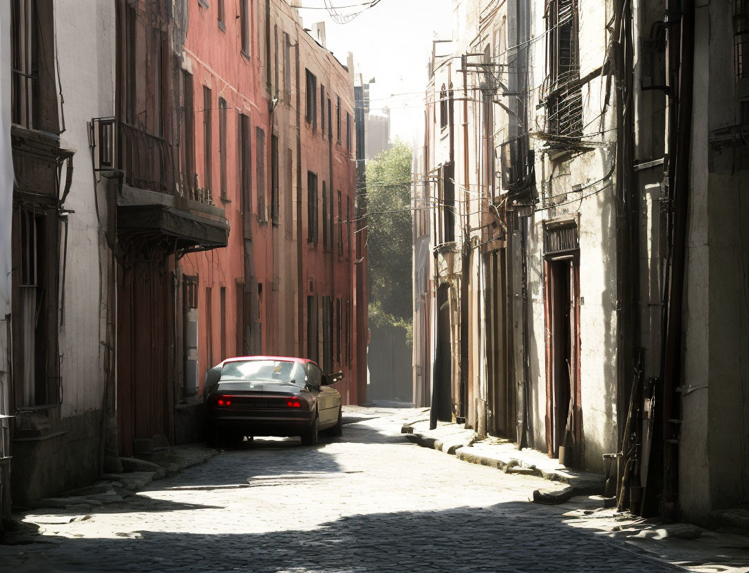 Sunlit street with narrow old buildings and warm-colored facade