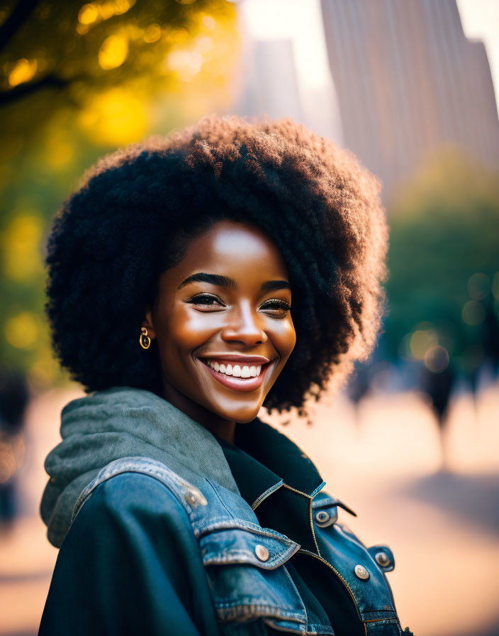 Smiling woman with afro in denim jacket at sunny park