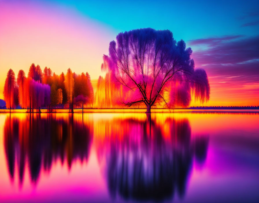 Tranquil lake at sunset with tree reflection and colorful skies