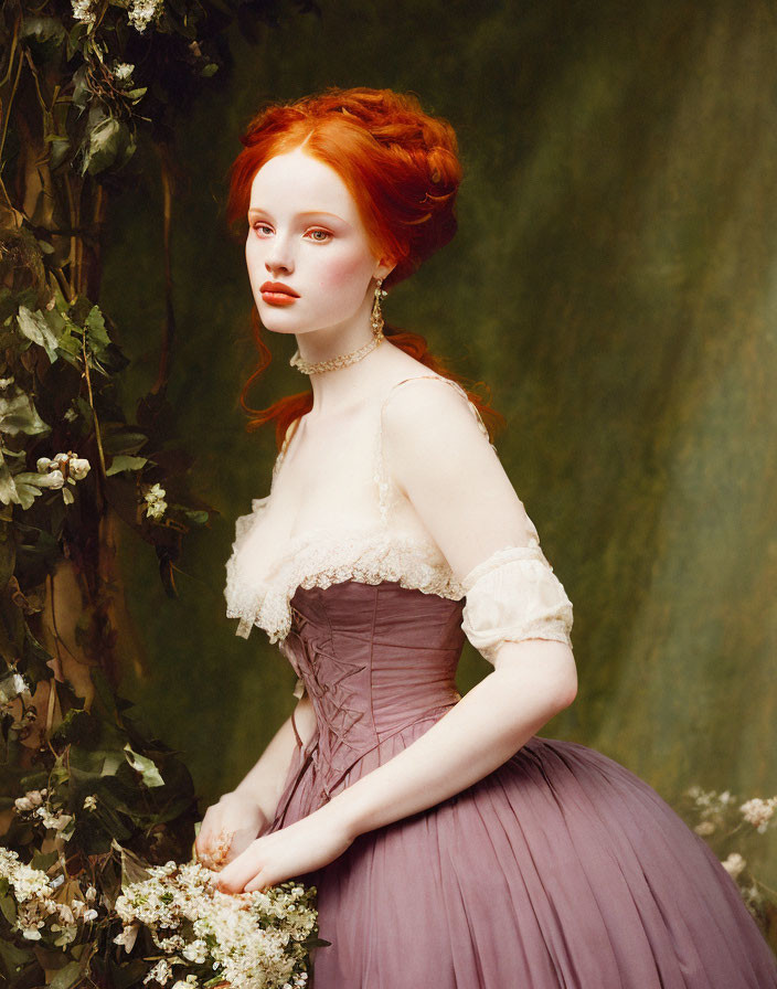 Red-haired woman in historical mauve gown against green backdrop with white flowers