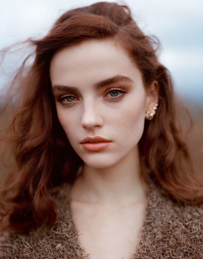 Portrait of a young woman with auburn hair and striking eyes in textured brown top