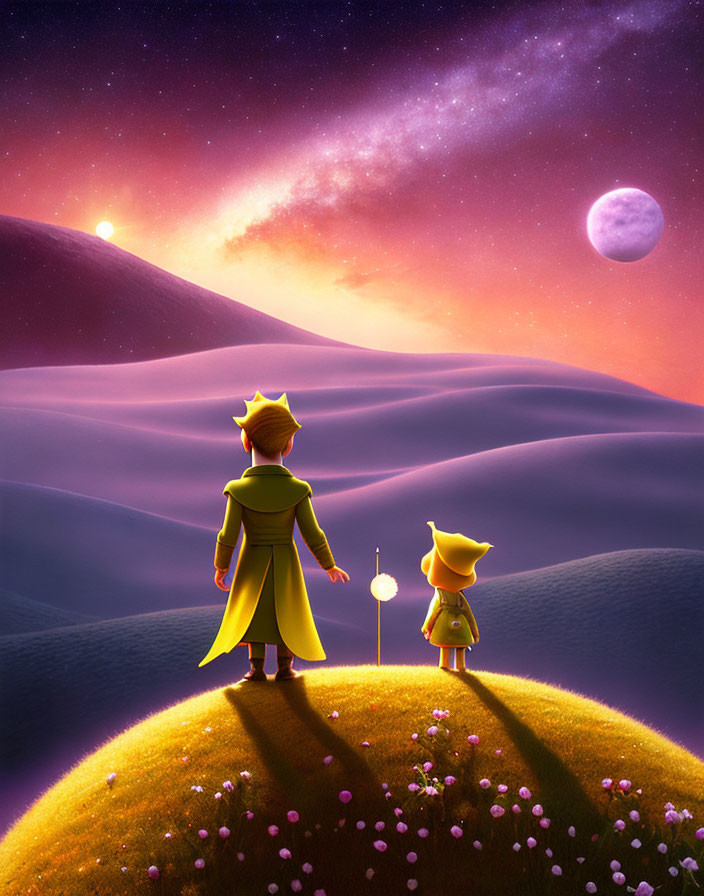 Animated characters in crowns on flowery hill under starry sky with moon and glowing sunset.