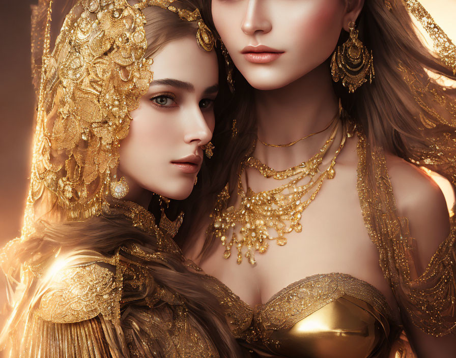 Luxurious Golden Attire and Jewelry on Two Elegant Women