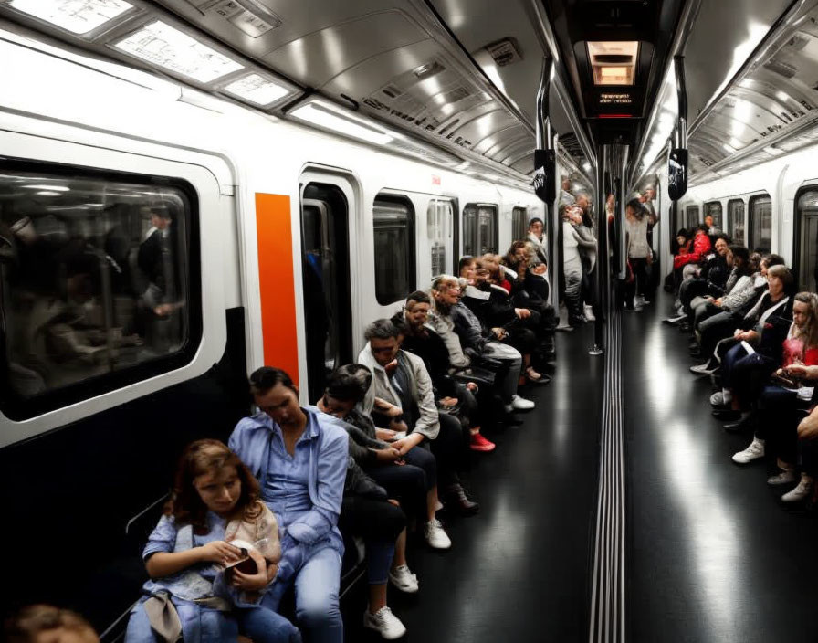 Passengers on subway train: sitting, standing, looking at phones, conversing.