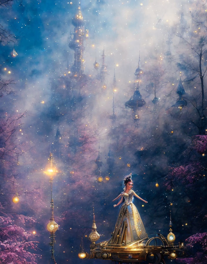 Regal woman in twilight garden with castle and lanterns