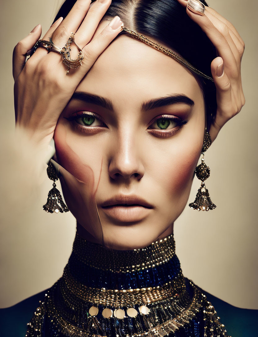 Woman with green eyes and dramatic makeup wearing intricate jewelry.