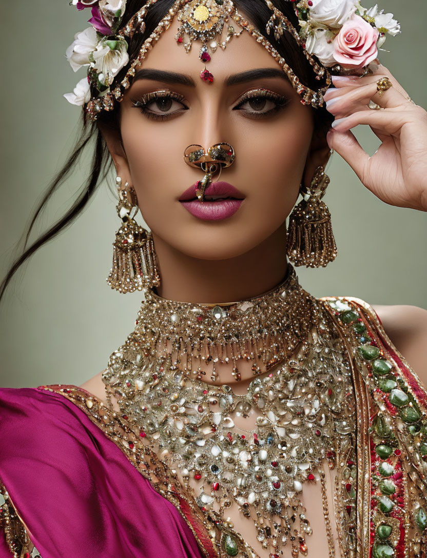 Elaborate Indian bridal jewelry on a woman against neutral backdrop