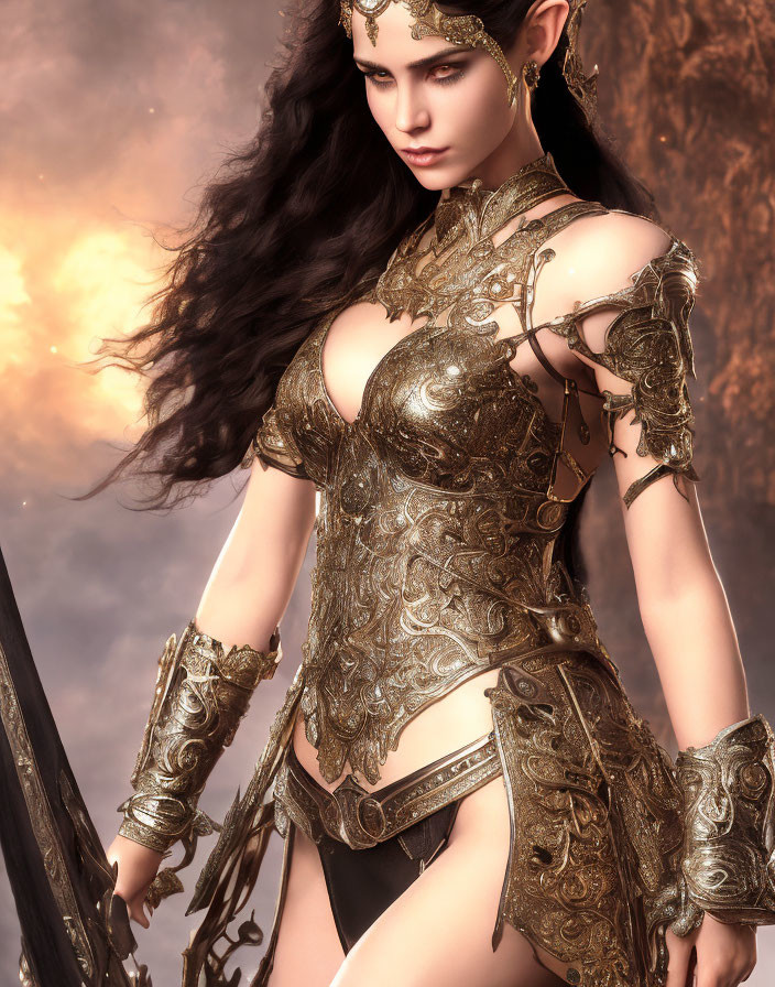 Fantasy female warrior in ornate golden armor with dramatic sky.