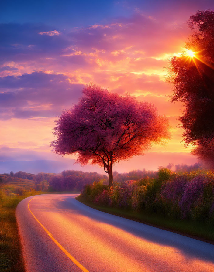 Vibrant sunset colors over winding road and blooming pink tree