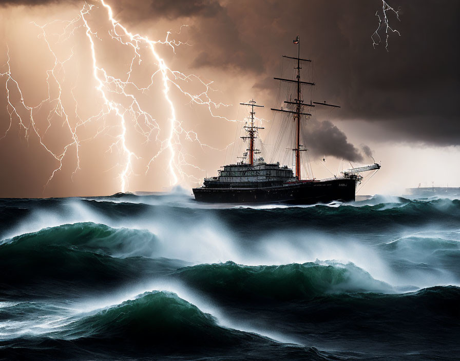 Vintage sailing ship in stormy ocean with lightning bolts