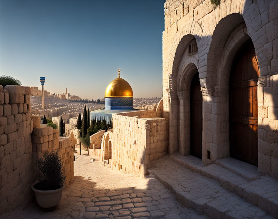 Ancient stone walls and archways under clear blue sky with view of Dome of the Rock