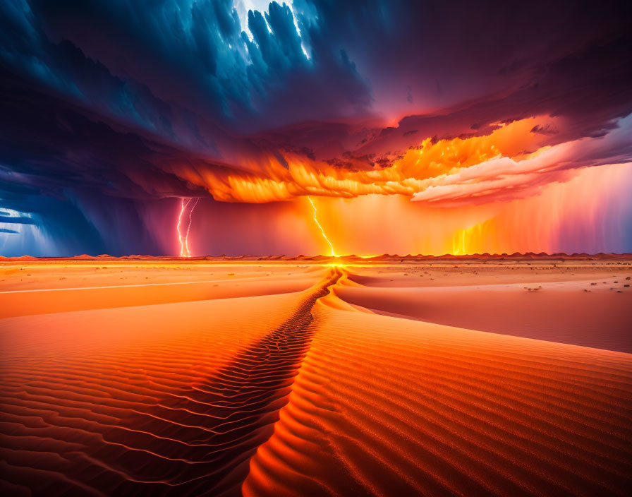 Intense desert storm with lightning strikes at fiery sunset