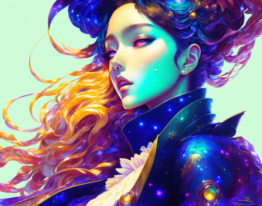 Vibrant cosmic-themed woman illustration with multicolored hair and star-infused outfit