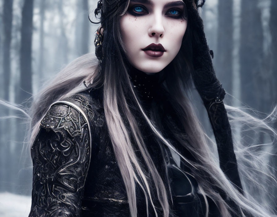 Pale figure in dark makeup and silver hair in ornate black armor in misty forest