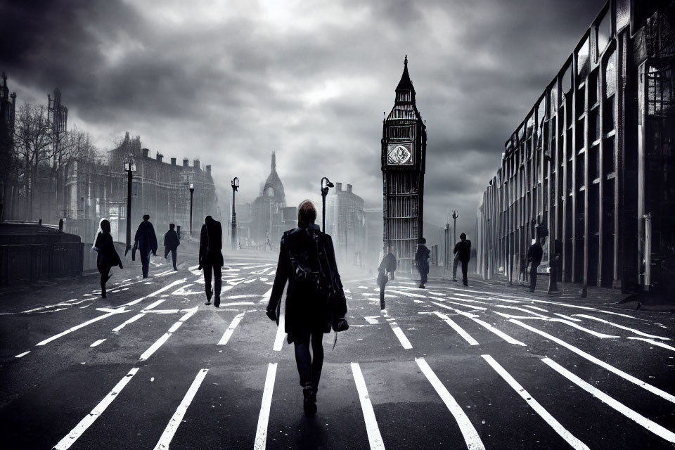 Iconic Big Ben with people crossing zebra crossing in London