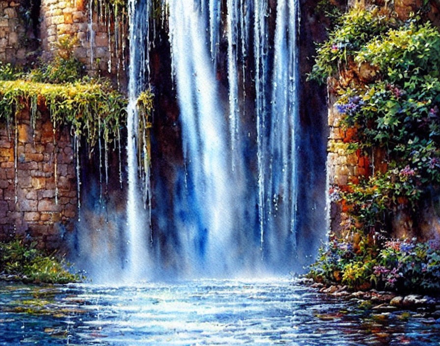 Scenic waterfall painting with lush greenery and colorful flowers