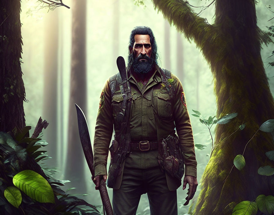 Bearded soldier with machete in misty forest wearing green uniform.