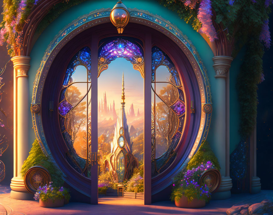 Ornate round doorway to fantasy landscape with glowing trees