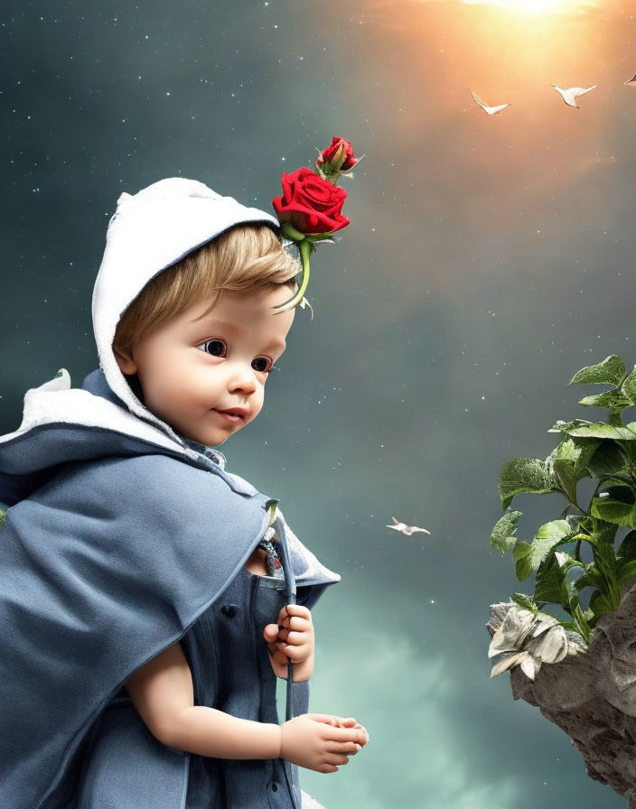 Child in Blue Cloak Holding Red Rose Surrounded by Birds and Starry Sky