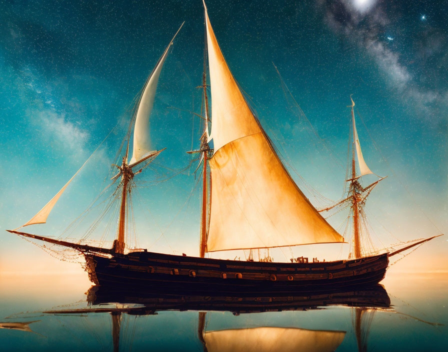 Vintage sailing ship with tall masts and golden sails on calm waters at dusk