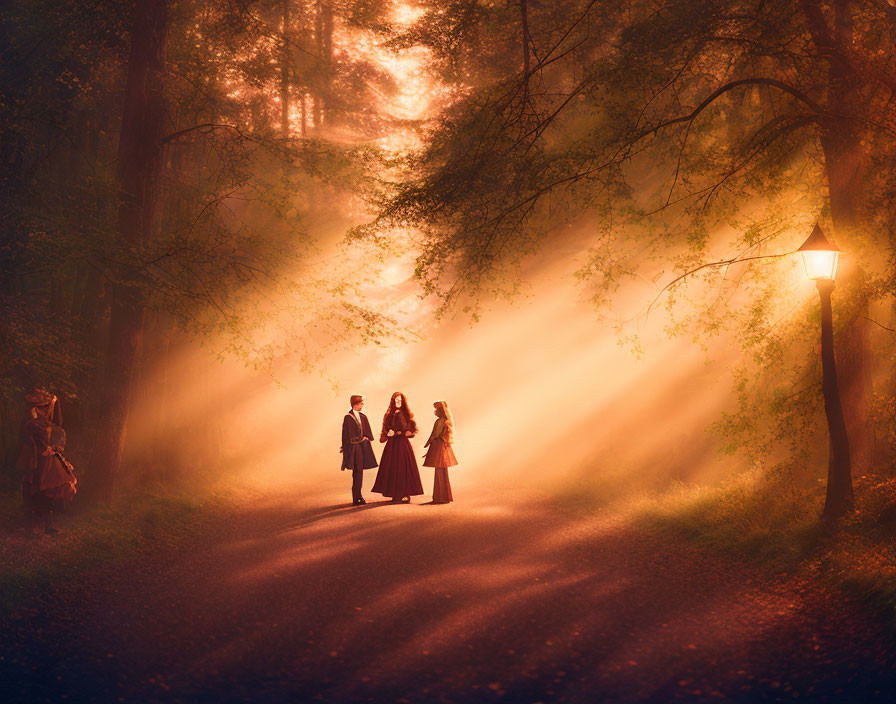 Historical figures on forest path in warm sunlight