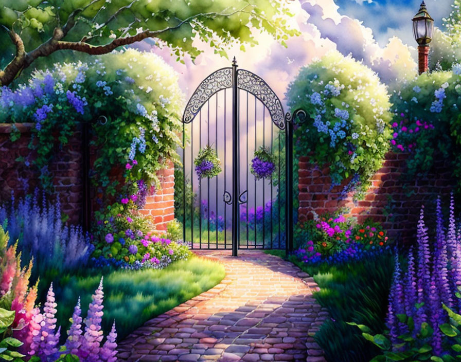 Enchanting garden pathway with ornate metal gate and lush flowers