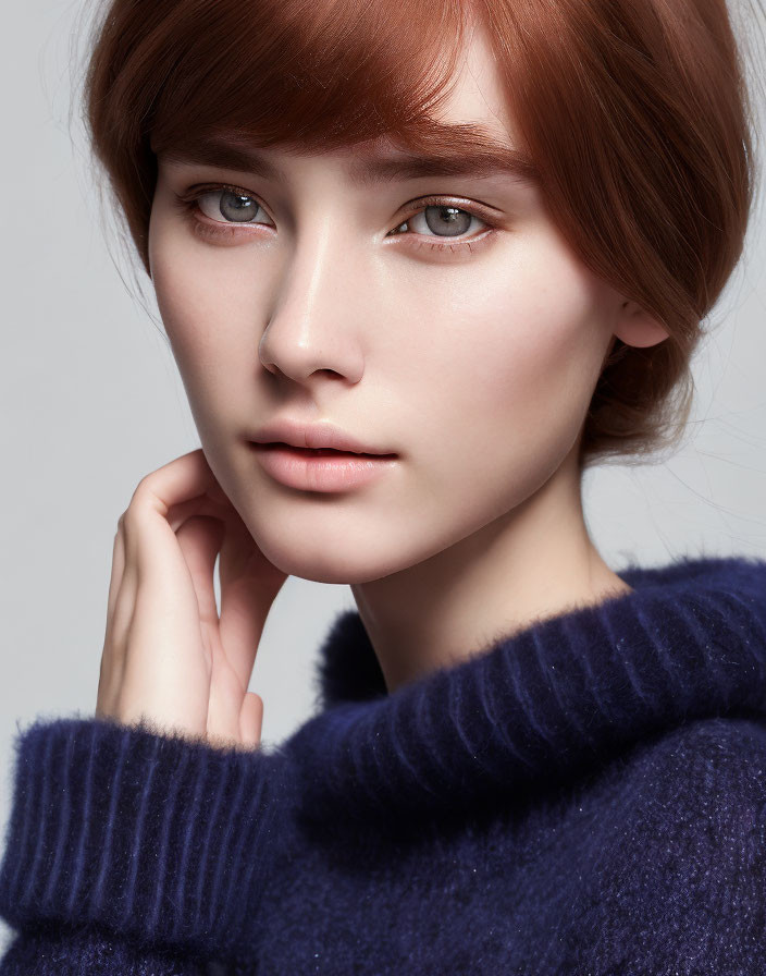 Portrait of person with fair skin and light brown hair in dark blue sweater