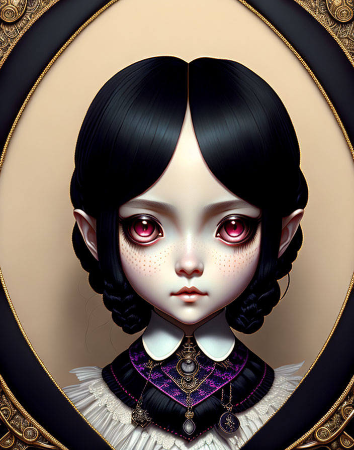 Stylized female character portrait with large eyes and Victorian collar