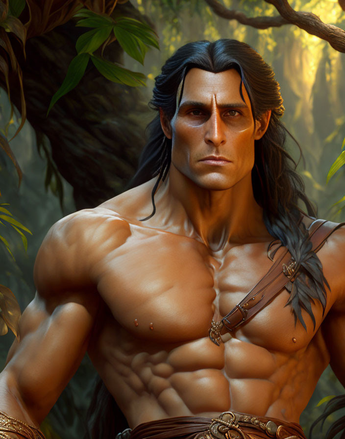 Muscular man in fantasy leather attire against forest backdrop