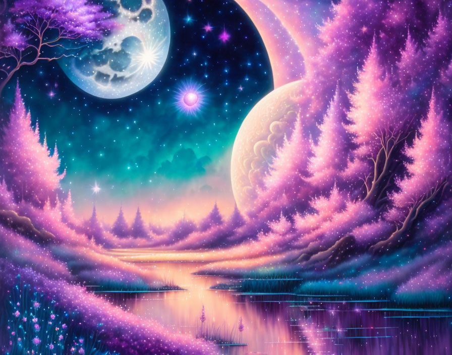 Fantasy landscape with purple trees, reflective river, and celestial bodies