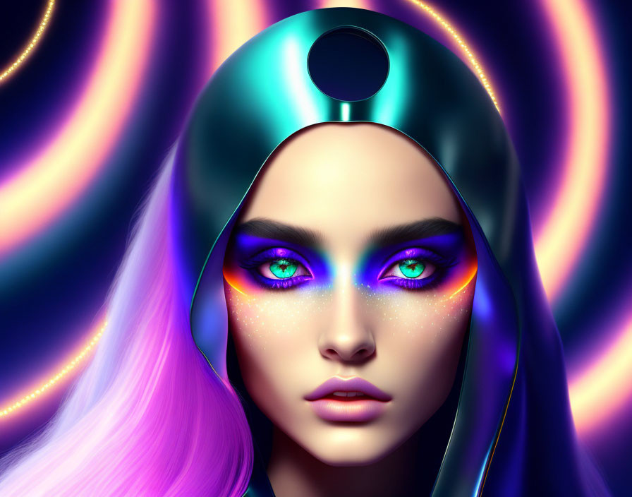 Colorful digital artwork: Female figure with vibrant multicolored eyes in futuristic headpiece against swirling neon