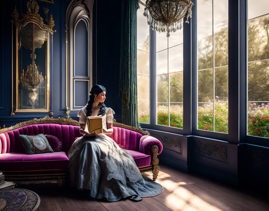 Vintage-dressed woman reading book by window in elegant room