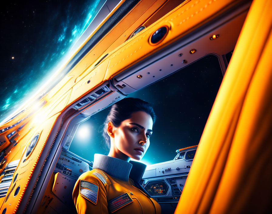Female astronaut in yellow space suit gazes from spacecraft hatch into cosmos