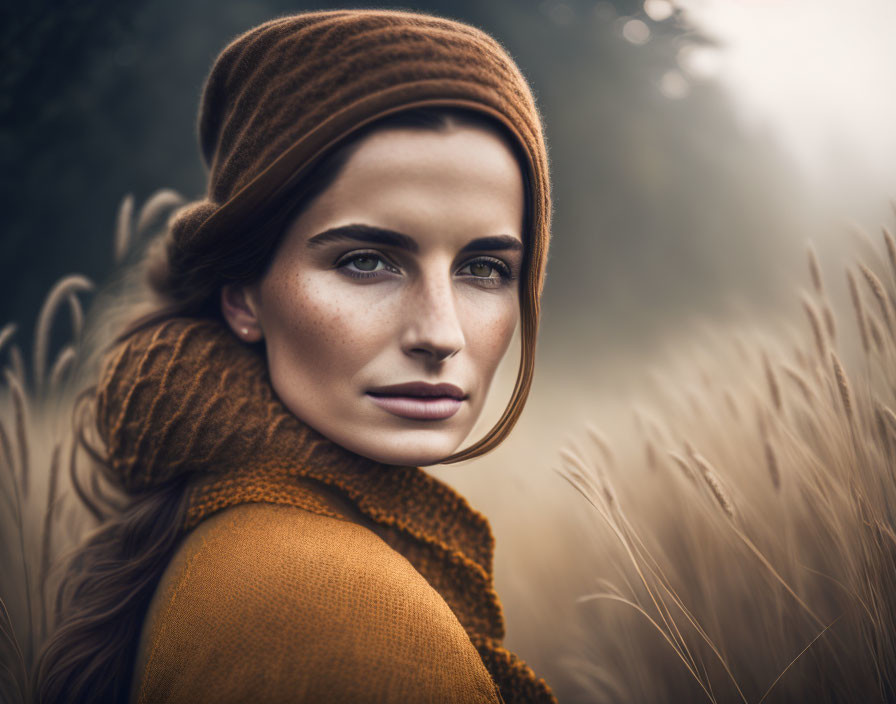 Auburn-Haired Woman in Orange Sweater Poses in Autumn Field