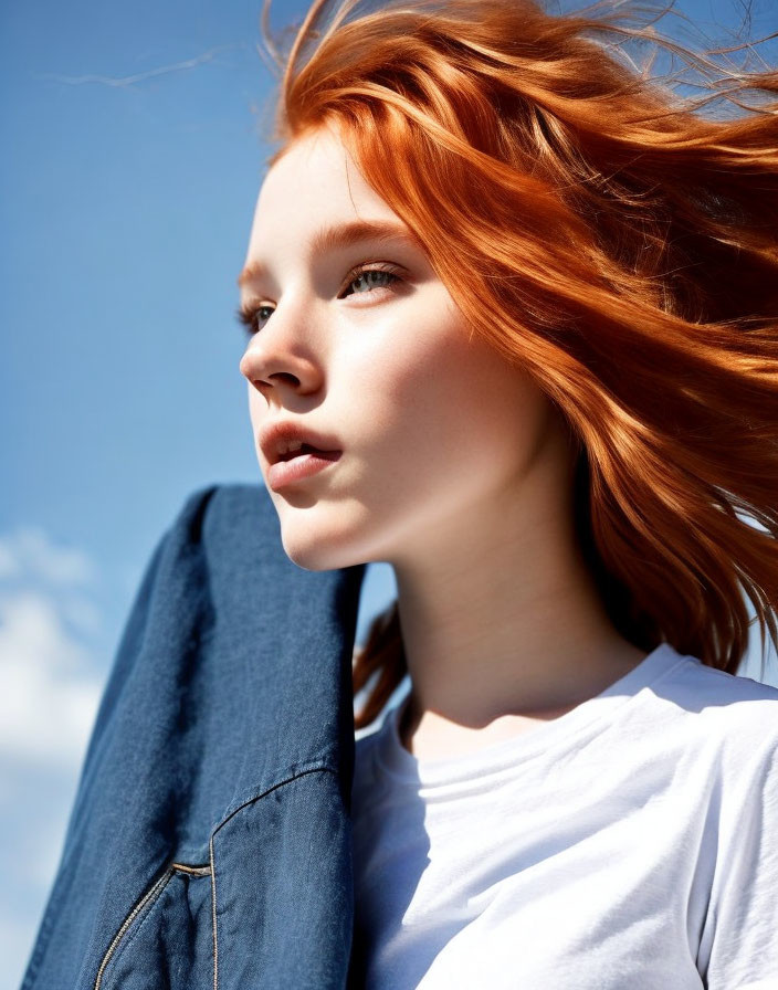 Red-haired woman in white t-shirt with denim jacket under blue sky