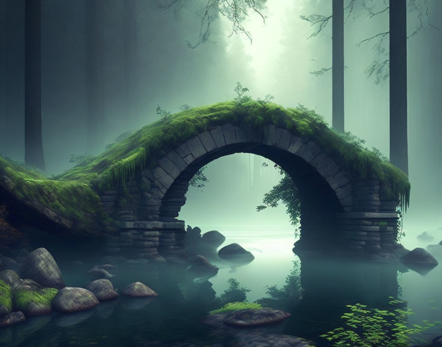 Ancient Stone Bridge Covered in Moss Over Tranquil River