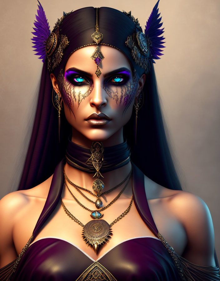 Illustrated female figure with purple eyes, gold jewelry, tribal face markings, and mystical aura