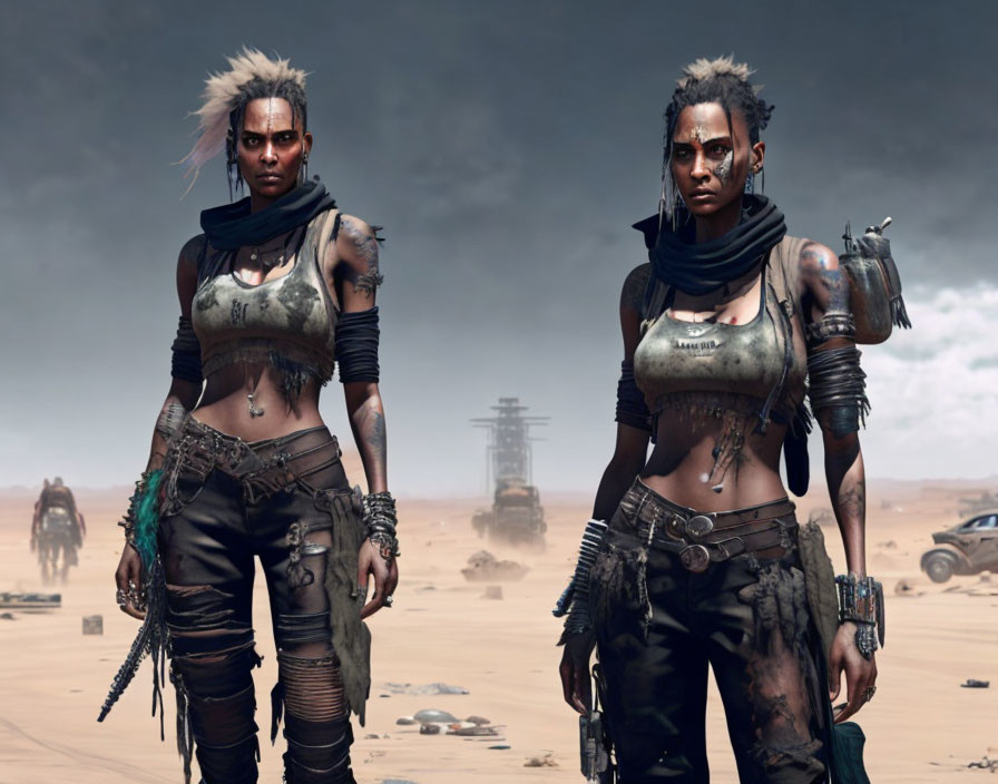 Two women with punk hairstyles in post-apocalyptic attire in desert landscape.