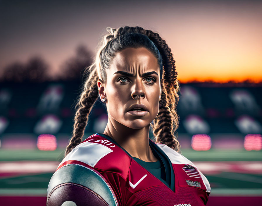 Female football player displaying determination on field at sunset