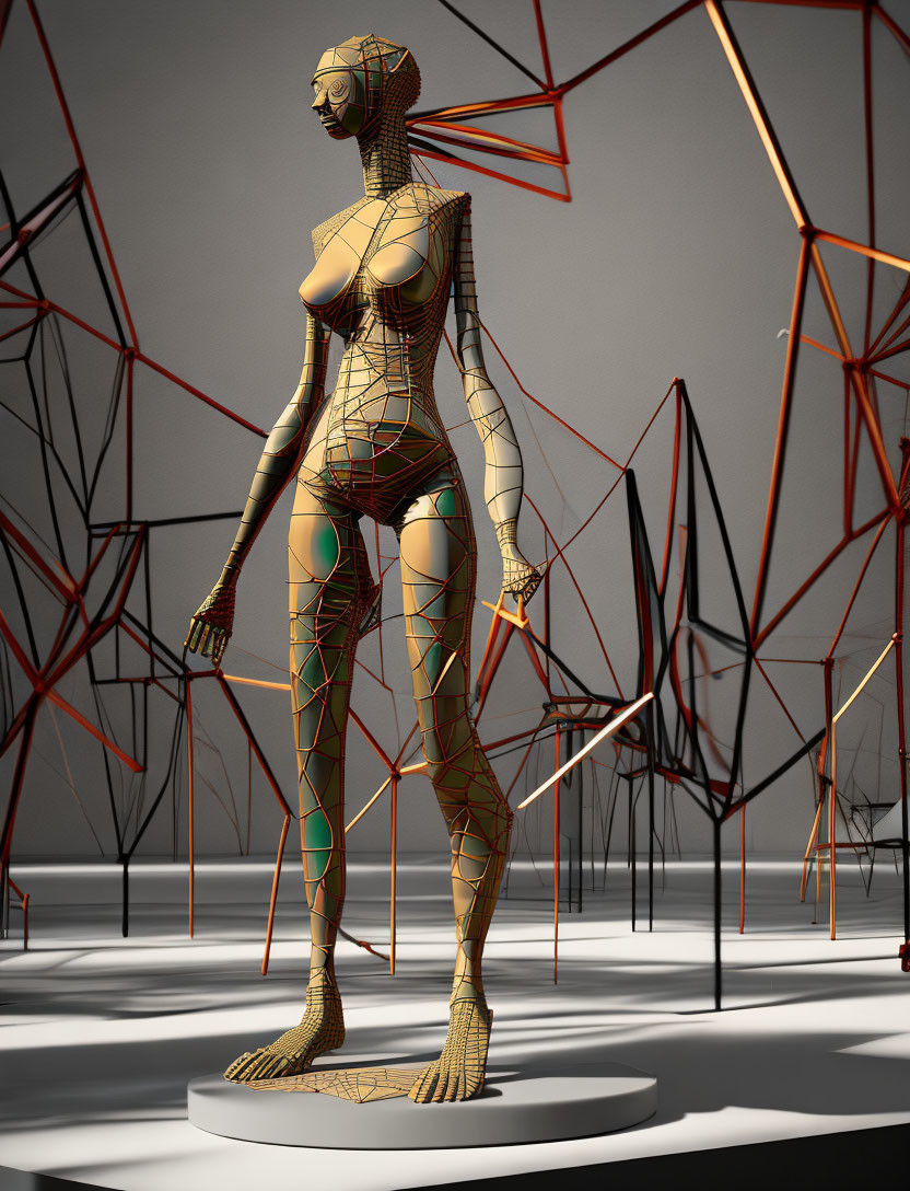 Wireframe humanoid figure in abstract gallery setting.