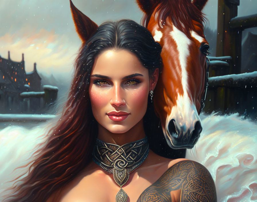 Fantasy illustration of woman with dark hair and green eyes with horse in snowy setting