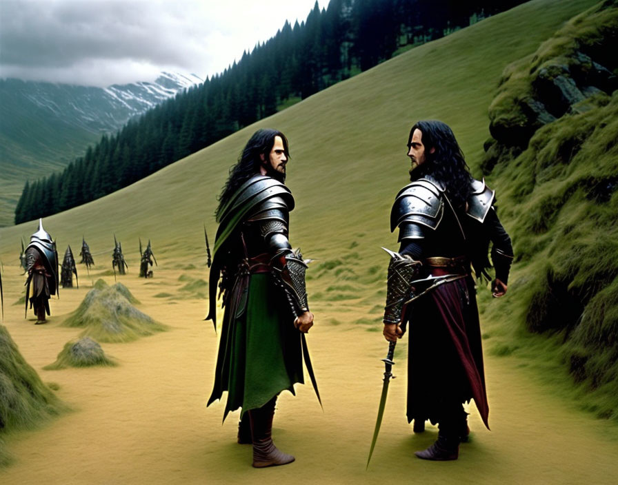 Armored characters with swords in grassy valley with mountains and horseback figures.