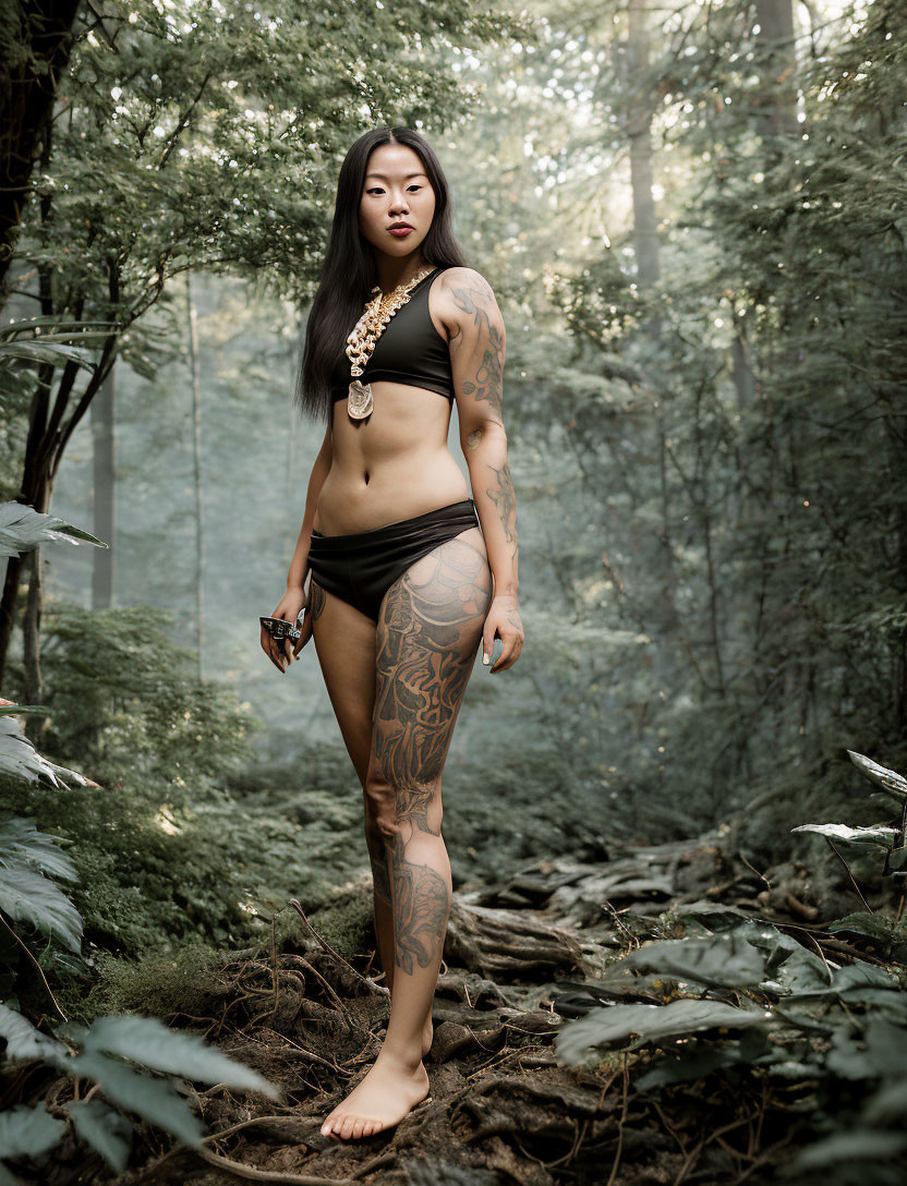 Tattooed woman in black outfit holds snake in misty forest