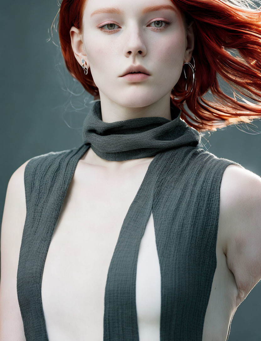 Woman with red hair and blue eyes in grey top and scarf gazes at camera