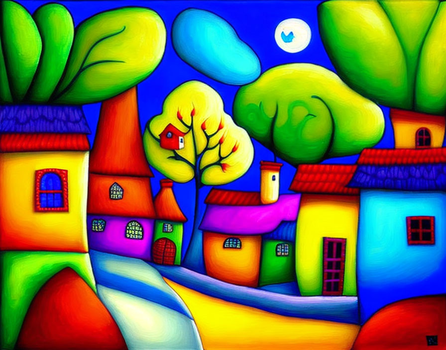 Colorful Painting of Whimsical Village Under Crescent Moon