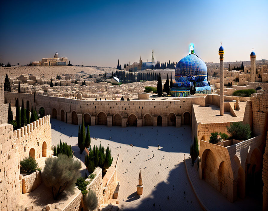 Ancient stone architecture with blue dome, cityscape view