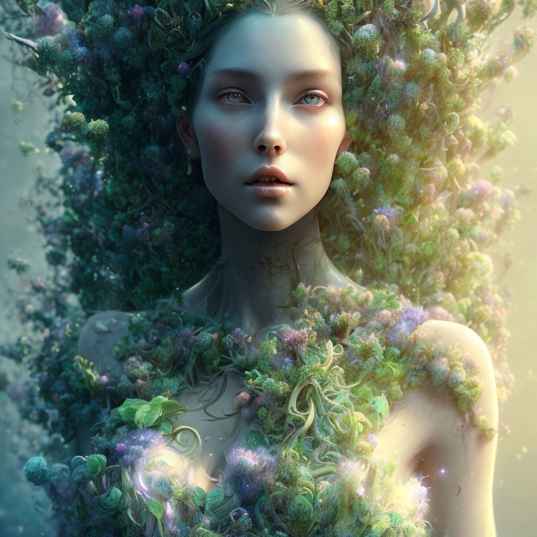 Woman's portrait with foliage and floral elements blending into her hair and shoulders in a mystical nature theme.