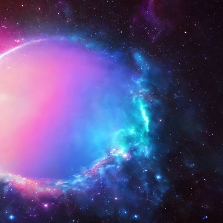 Colorful cosmic scene: glowing purple-pink nebula, blue stellar gas, distant stars